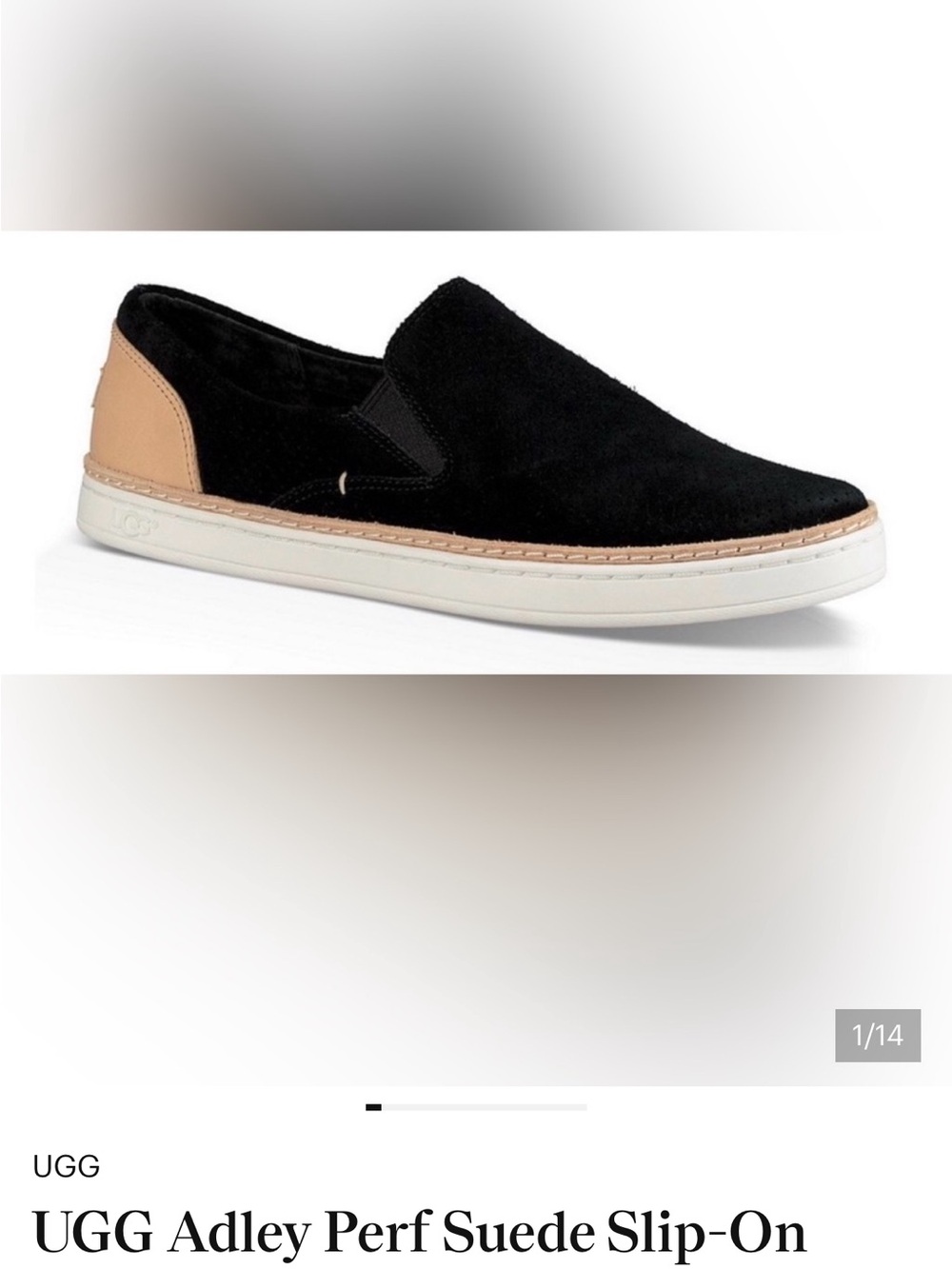 UGG Women’s Adley Perf Black Suede Slip-On with Tan Heel Accent